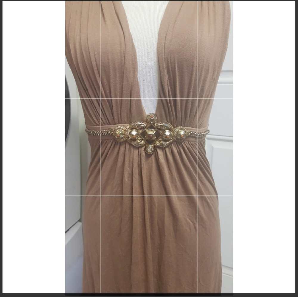 SKY Tan Dress Gold Chain Snake Beaded Low Cut xs